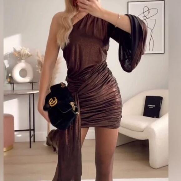 Zara Metallic Bronze Asymmetric Ruched Bodycon Mini Dress Size Large - Picture 1 of 11